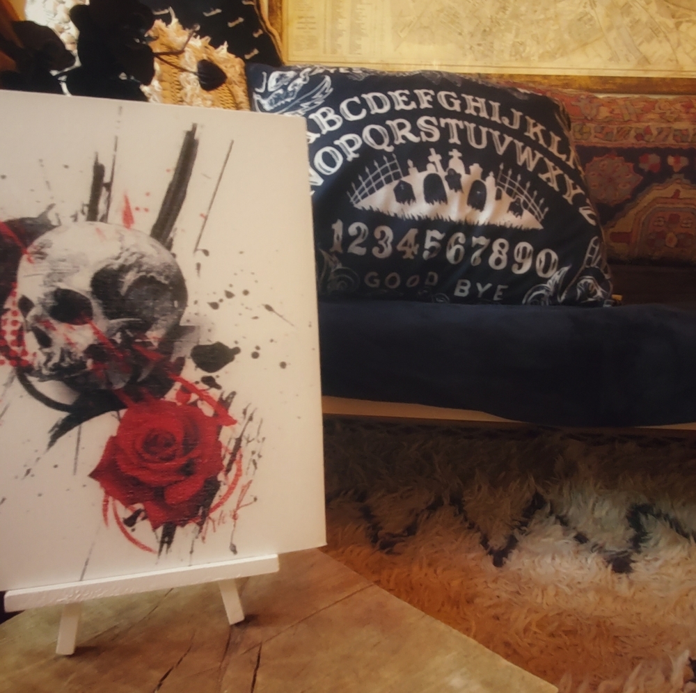 custom gothic skull and rose 8x10 inches printed canvas with easel